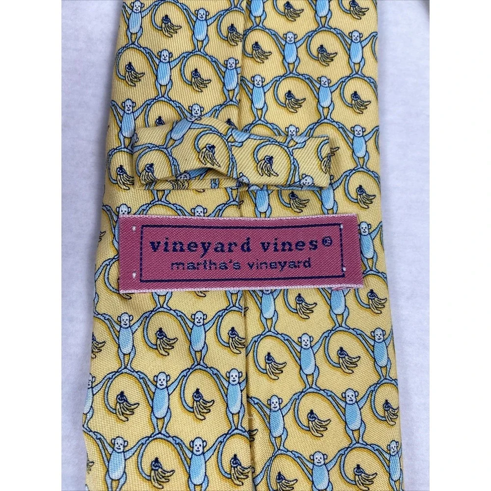 Vineyard Vines Martha's Vineyard Tie: Yellow W/ Blue Monkeys 100 Silk USA Made